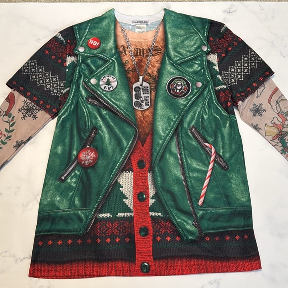 FauxReal Photorealistic Apparel Holiday Biker Shirt With Tattoo Sleeves - Picture 2 of 11